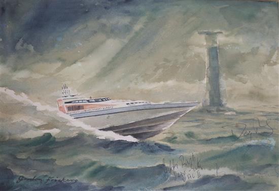 Gordon Frickers, watercolour, Blue Ribboned Atlantic Race, signed by the artist and by Richard Branson 23 x 33cm.